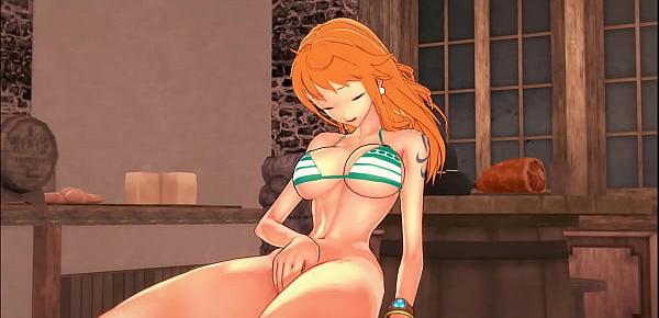  The cute pirate Nami fingers her pussy in a bar - One Piece Hentai.